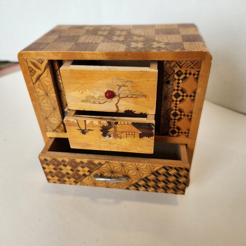 Vtg Japanese 3 Drawer Small Chest YOSEGI Marquetry Trinket Jewelry Box READ!